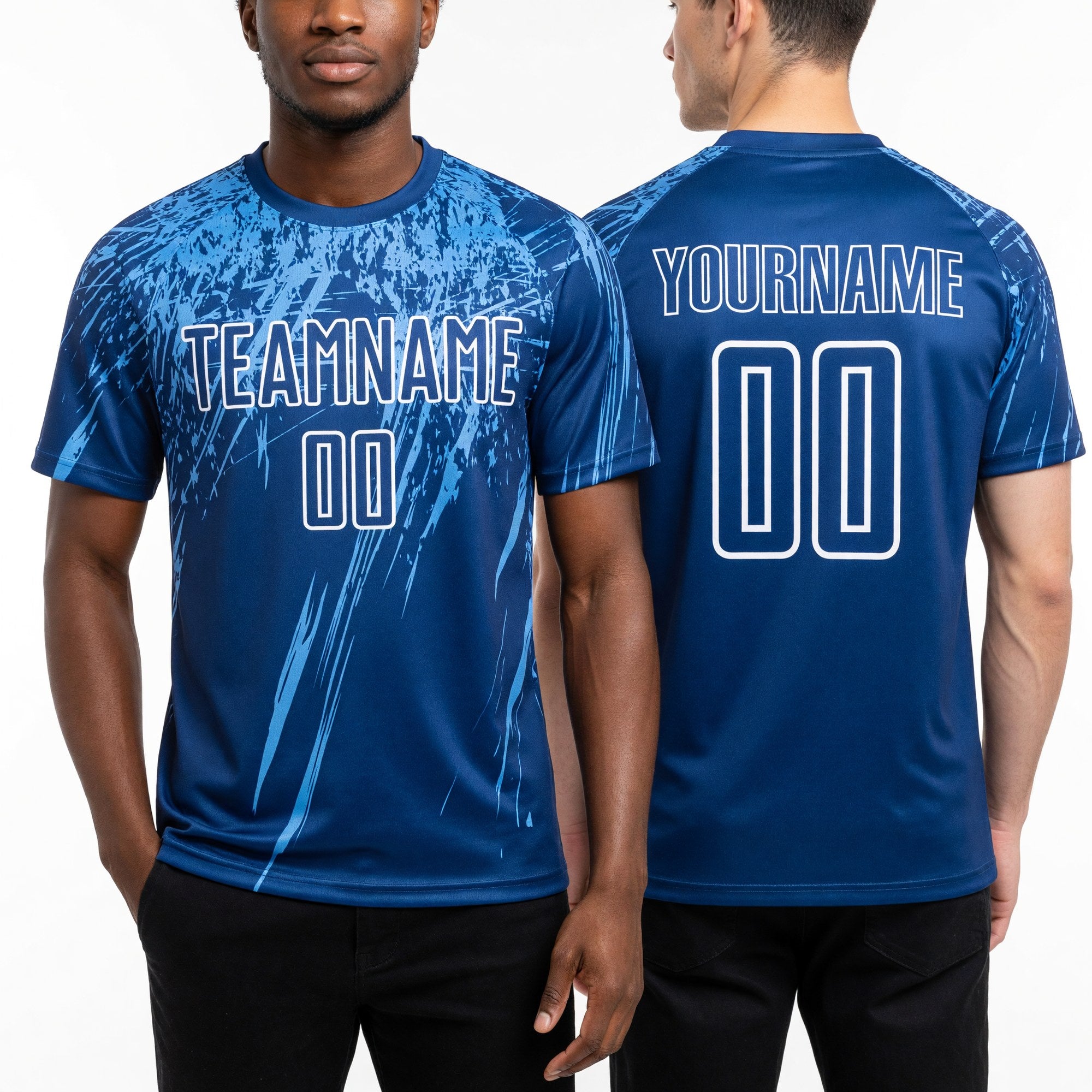Custom Royal Light Blue-White Sublimation Soccer Uniform Jersey worn front and back