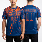 Custom Royal Orange Sublimation Soccer Uniform Jersey worn front and back