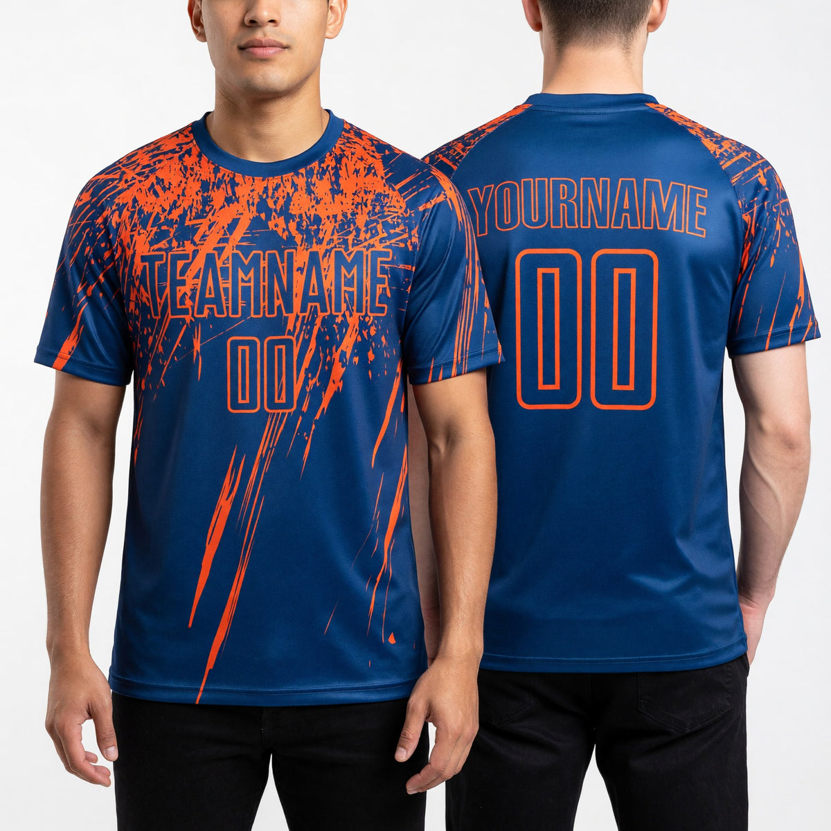 Custom Royal Orange Sublimation Soccer Uniform Jersey worn front and back