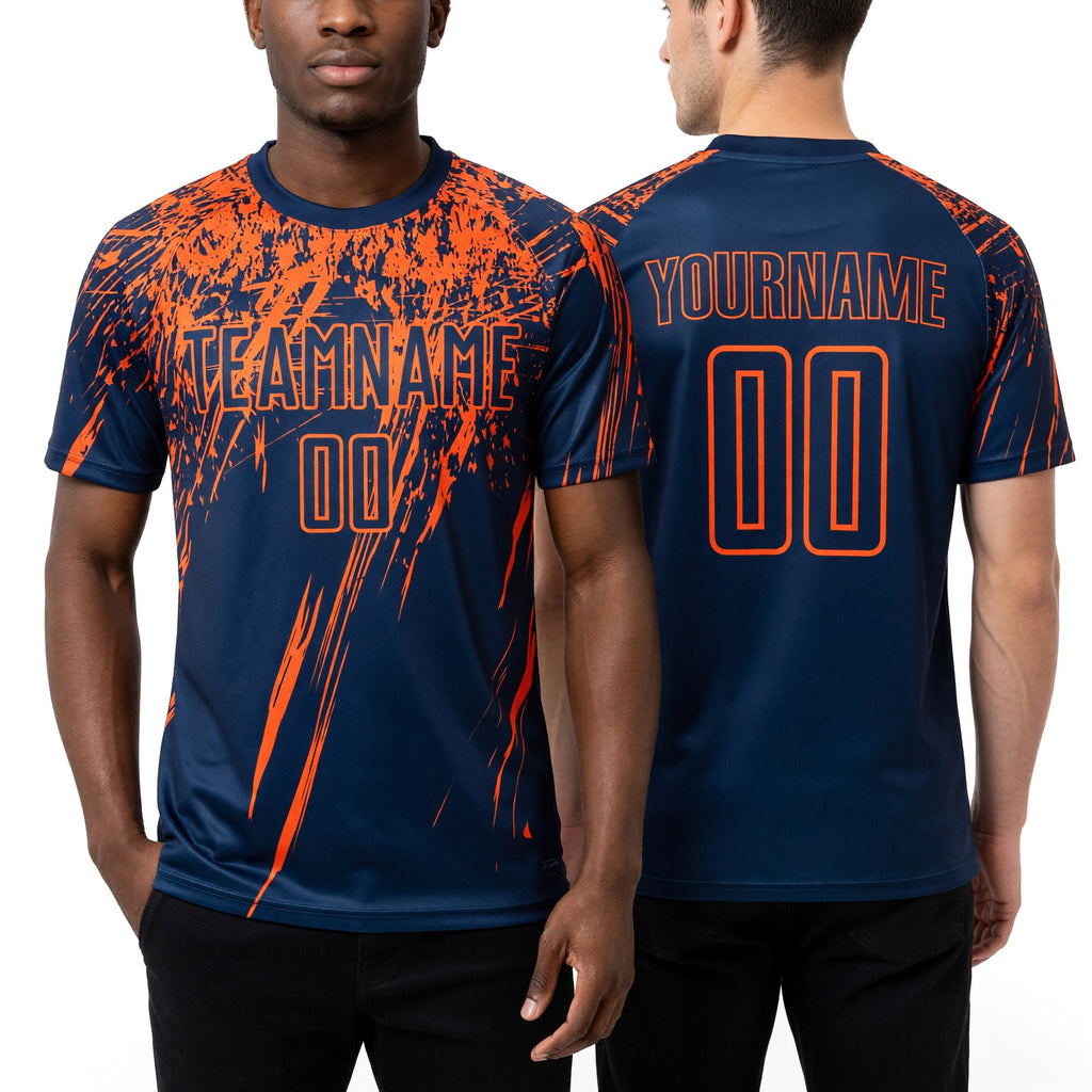 Custom Navy Orange Sublimation Soccer Uniform Jersey worn front and back