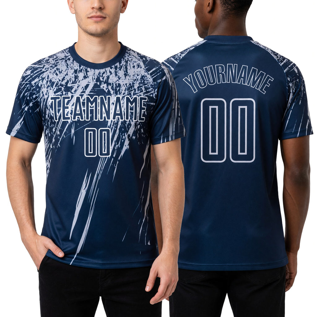 Custom Navy Gray Sublimation Soccer Uniform Jersey worn front and back