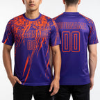 Custom Purple Orange Sublimation Soccer Uniform Jersey worn front and back