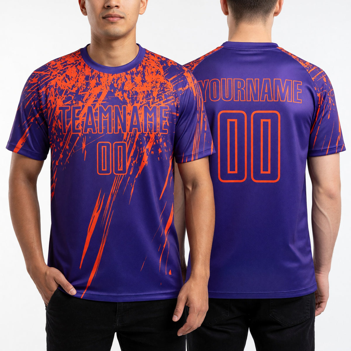 Custom Purple Orange Sublimation Soccer Uniform Jersey worn front and back