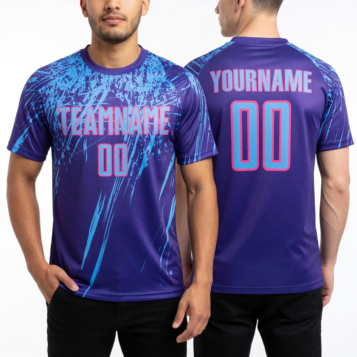 Custom Purple Light Blue-Pink Sublimation Soccer Uniform Jersey worn front and back