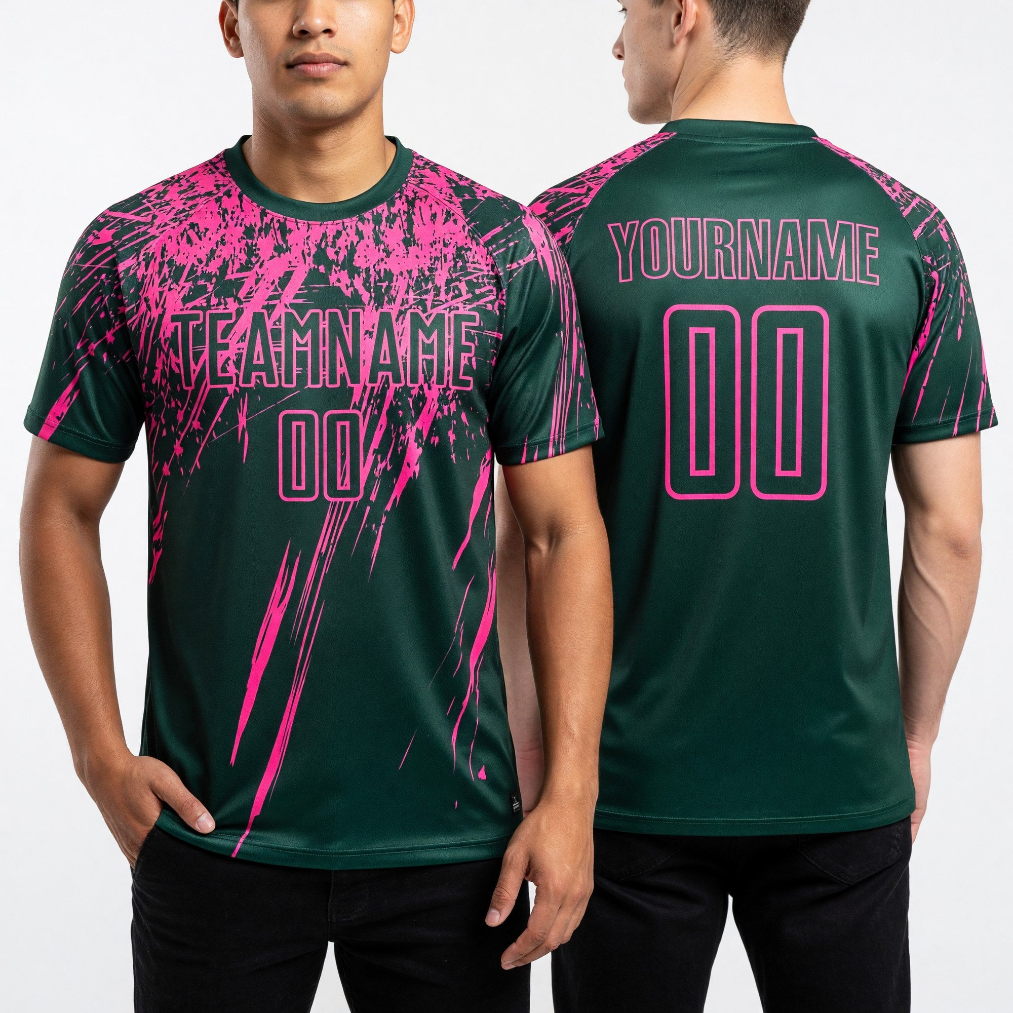 Custom Green Pink Sublimation Soccer Uniform Jersey worn front and back