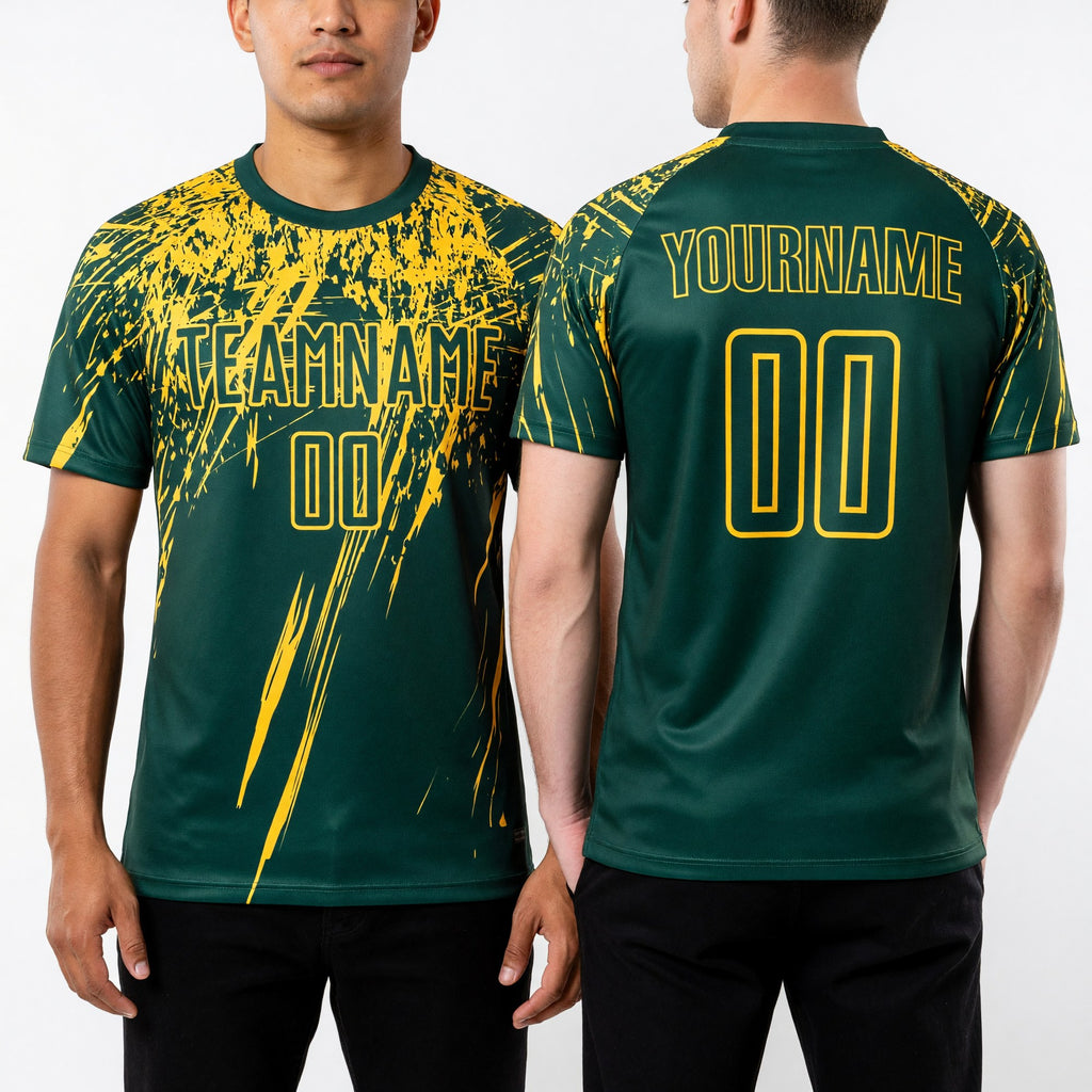 Custom Green Yellow Sublimation Soccer Uniform Jersey worn front and back