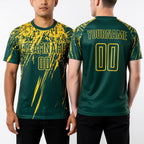 Custom Green Yellow Sublimation Soccer Uniform Jersey worn front and back