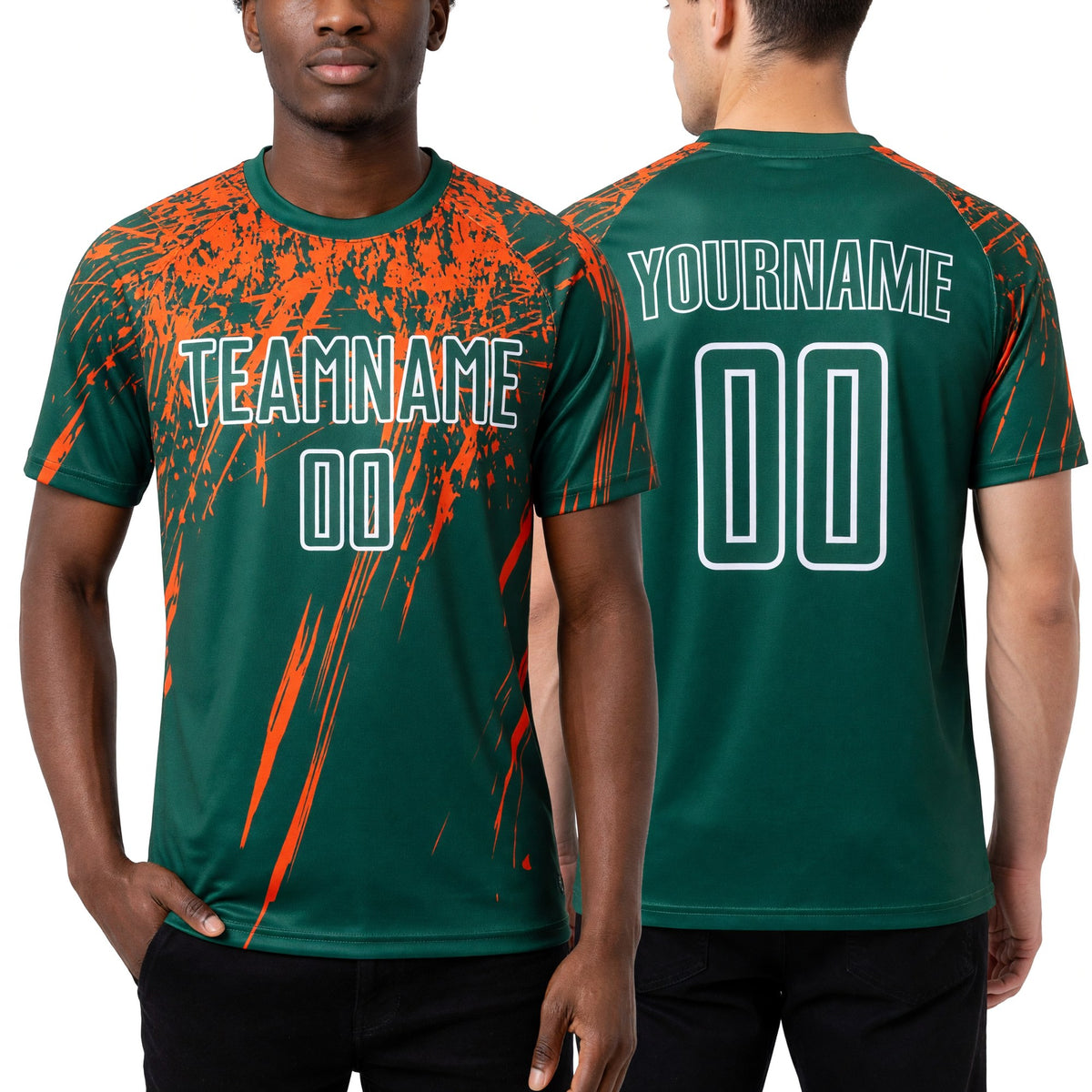 Custom Kelly Green Orange-White Sublimation Soccer Uniform Jersey worn front and back