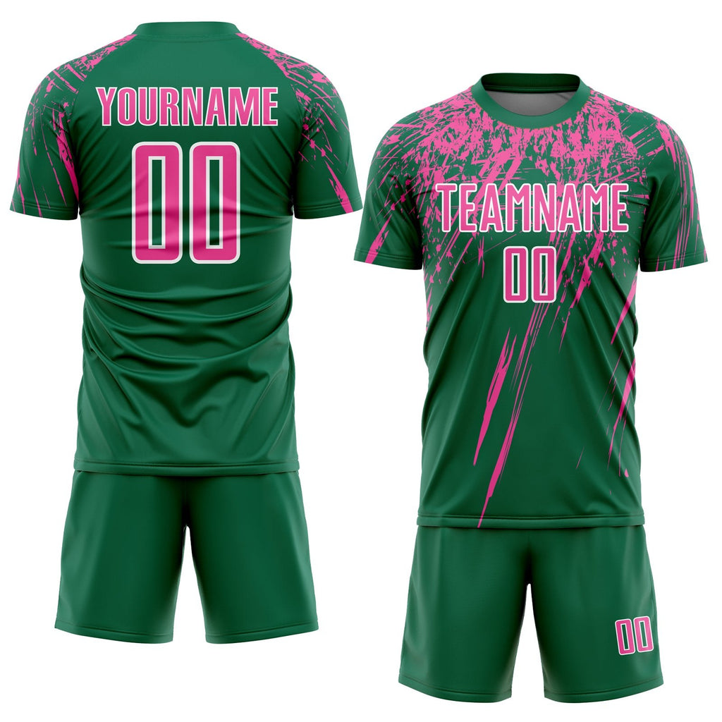 Custom Kelly Green Pink-White Sublimation Soccer Uniform Jersey photo 2