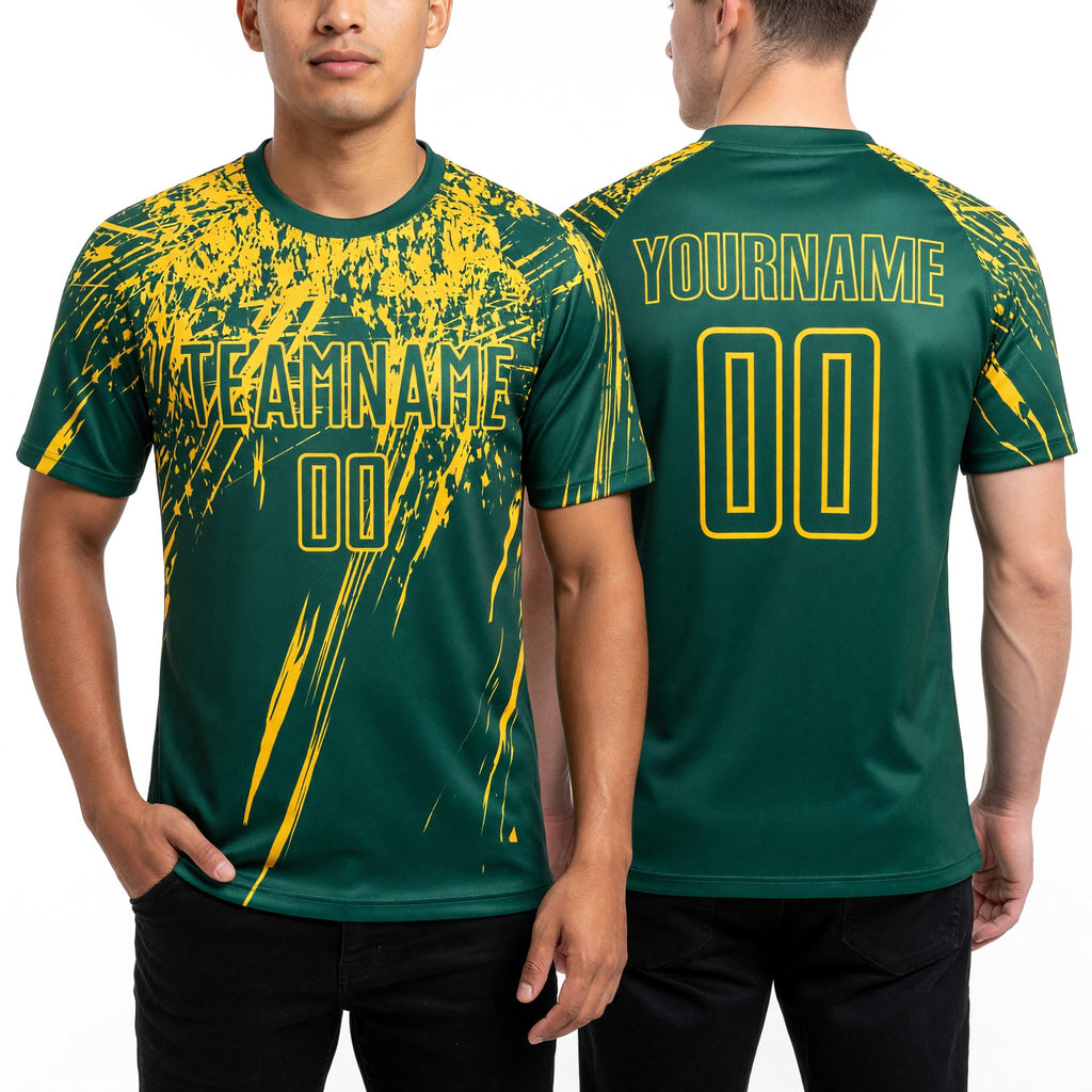 Custom Kelly Green Yellow Sublimation Soccer Uniform Jersey worn front and back