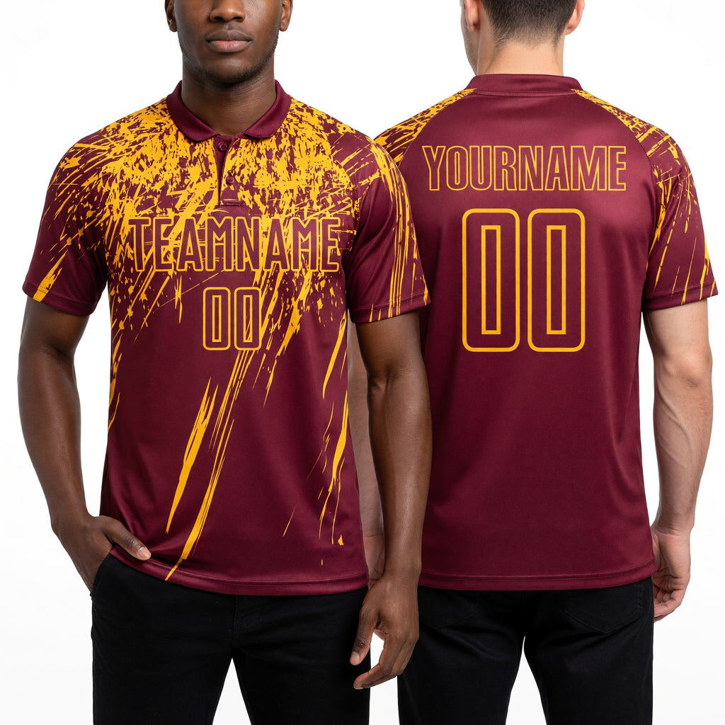 Custom Crimson Yellow Sublimation Soccer Uniform Jersey worn front and back