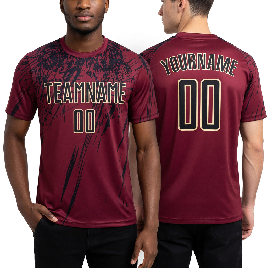 Custom Crimson Black-Cream Sublimation Soccer Uniform Jersey worn front and back