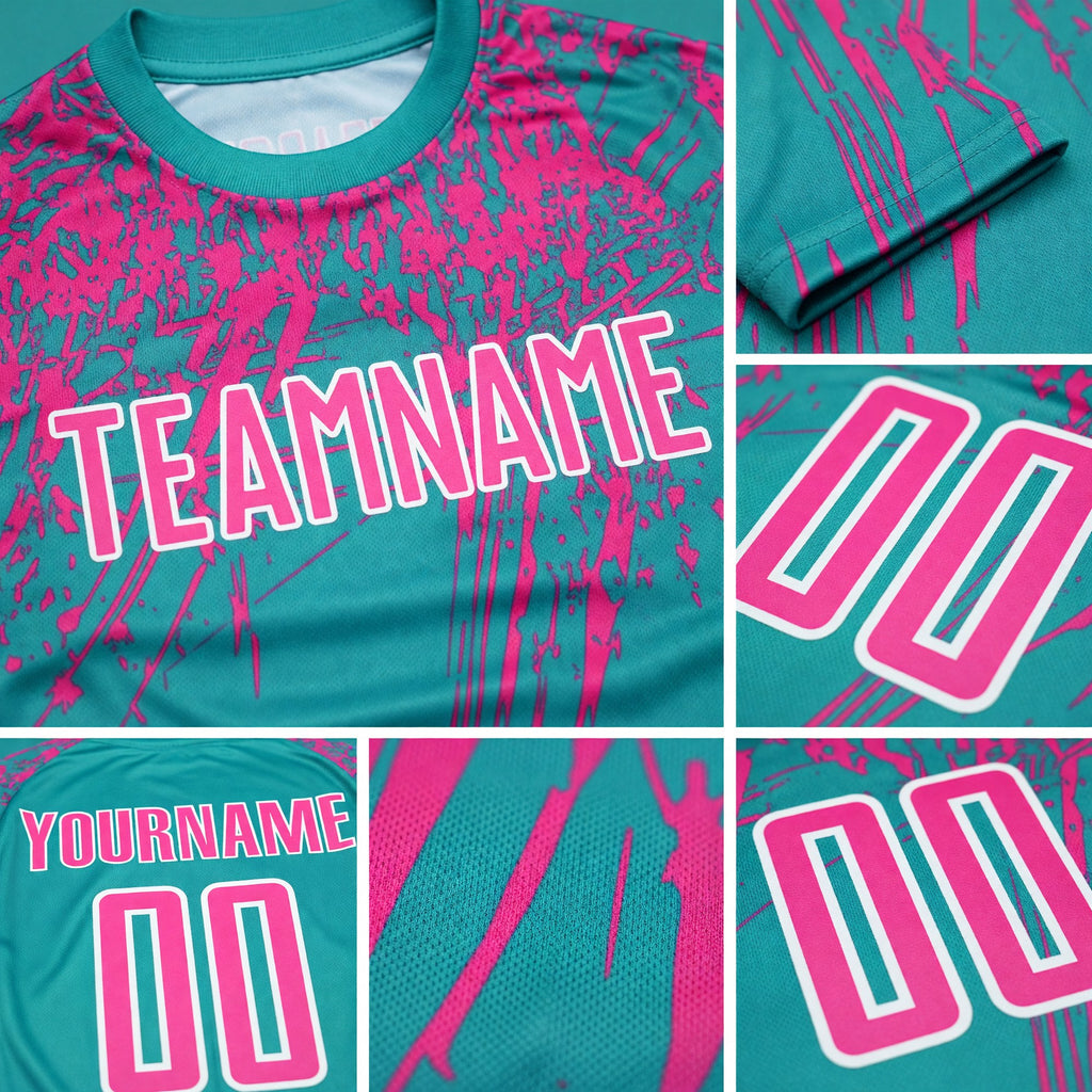 Custom Aqua Pink-White Sublimation Soccer Uniform Jersey detail
