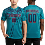 Custom Teal Navy-Red Sublimation Soccer Uniform Jersey worn front and back