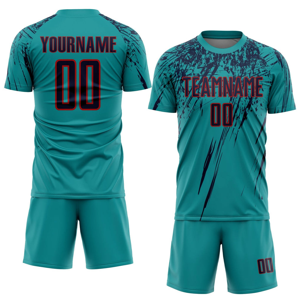 Custom Teal Navy-Red Sublimation Soccer Uniform Jersey photo 2