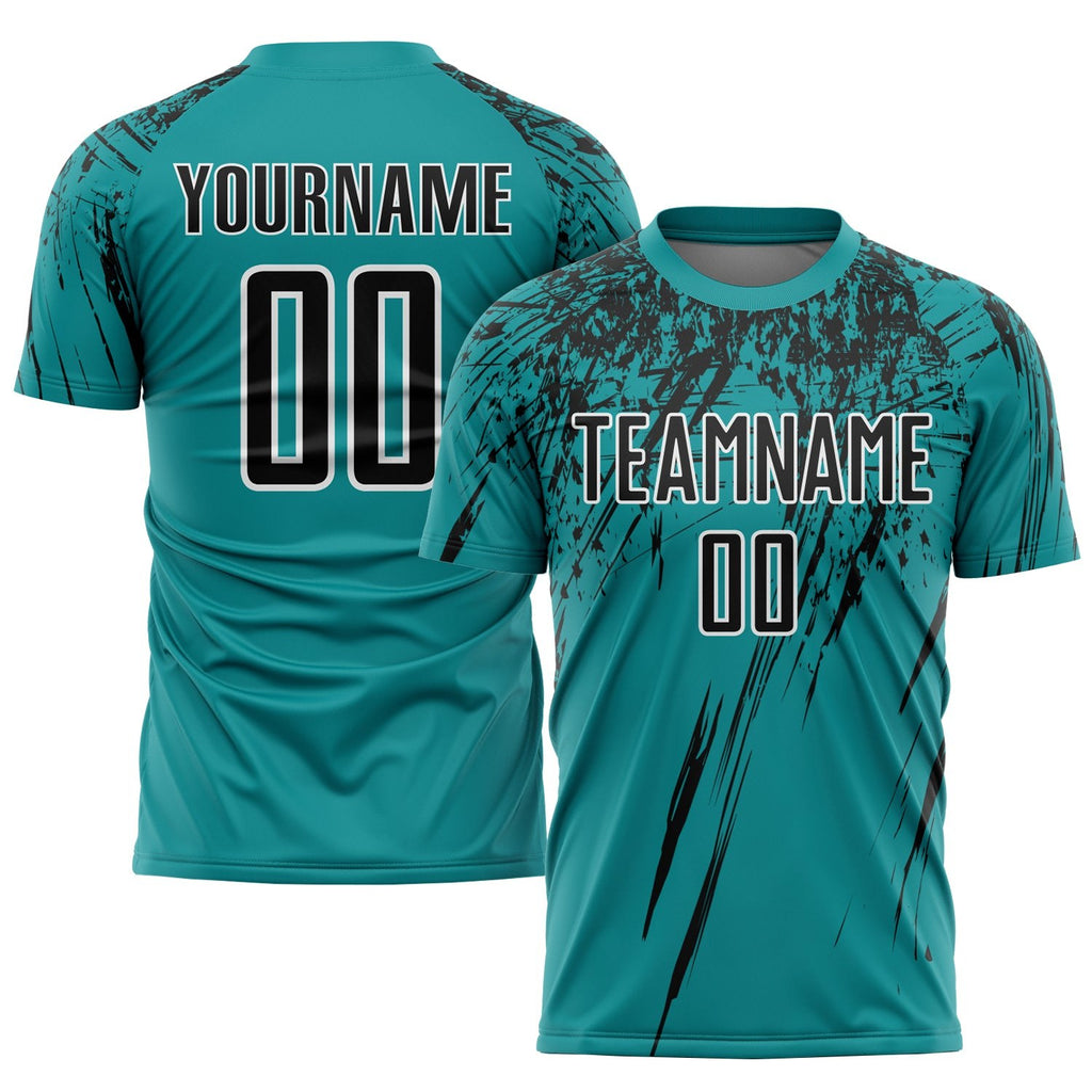Custom Teal Black-White Sublimation Soccer Uniform Jersey photo 1