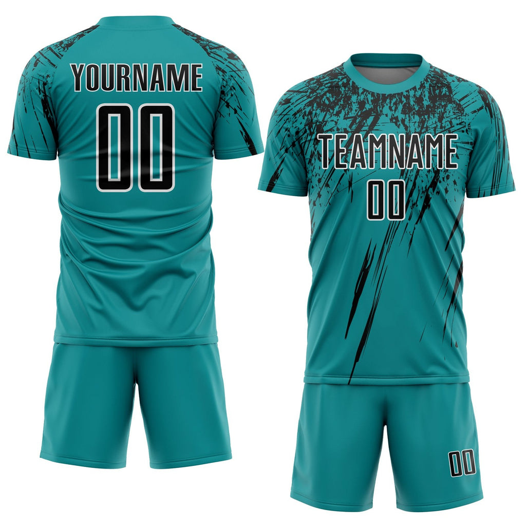 Custom Teal Black-White Sublimation Soccer Uniform Jersey photo 2