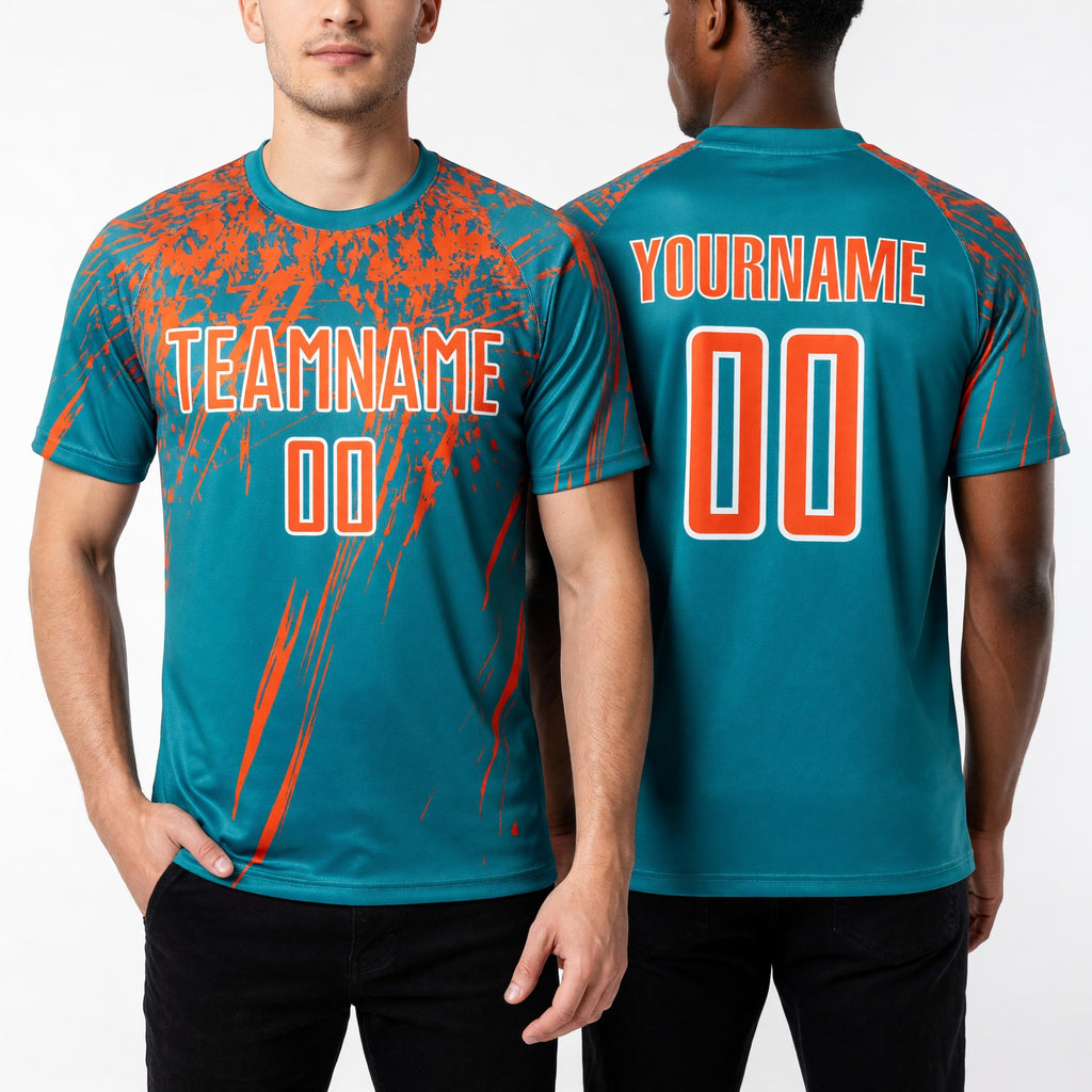 Custom Teal Orange-White Sublimation Soccer Uniform Jersey worn front and back