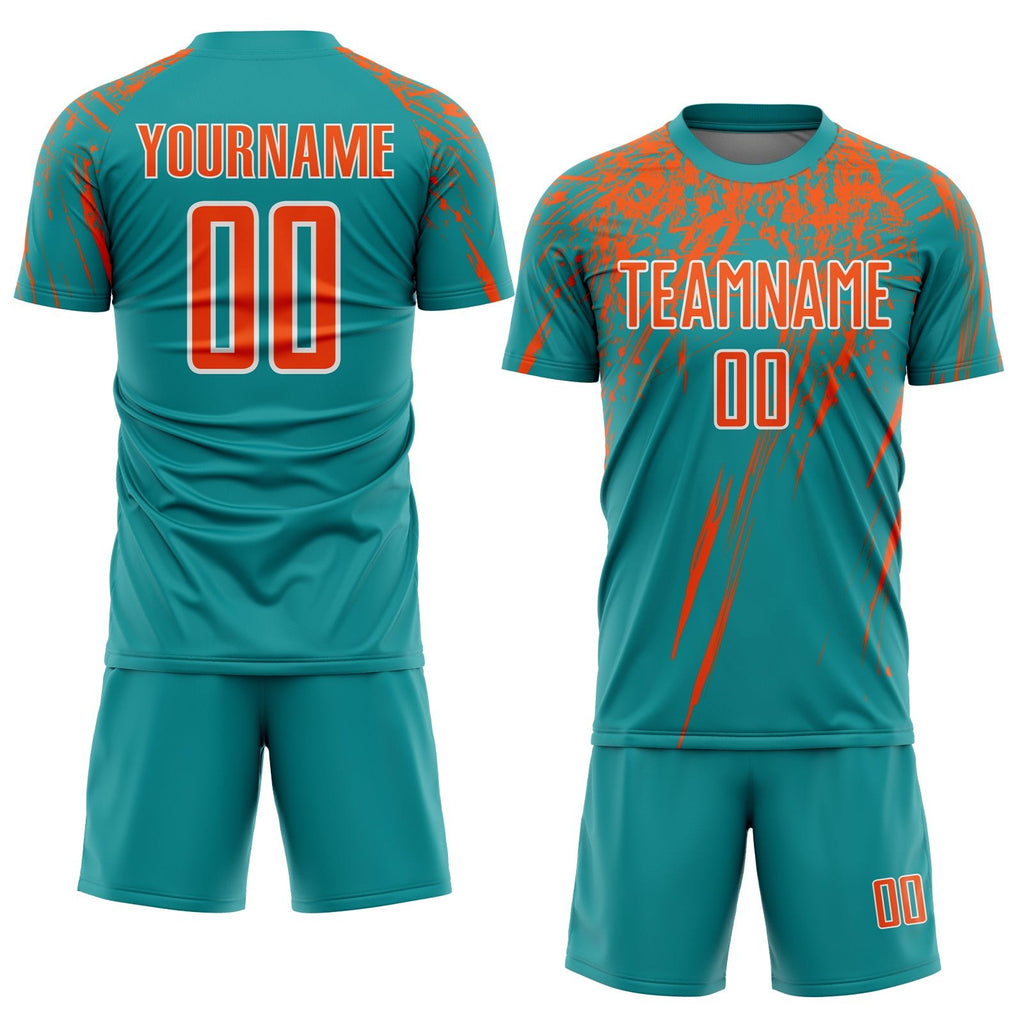 Custom Teal Orange-White Sublimation Soccer Uniform Jersey photo 2