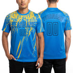Custom Powder Blue Yellow-Navy Sublimation Soccer Uniform Jersey worn front and back