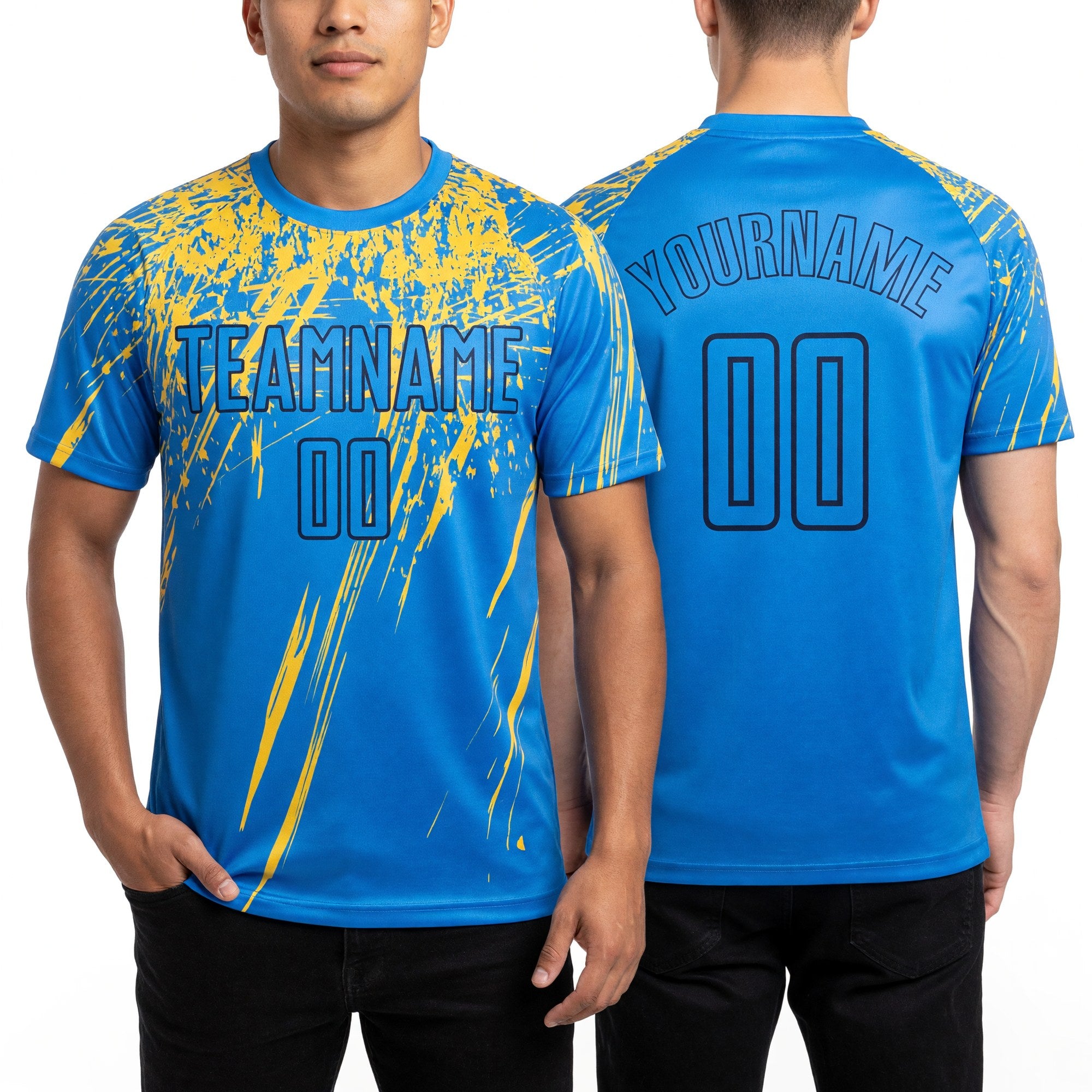Custom Powder Blue Yellow-Navy Sublimation Soccer Uniform Jersey worn front and back