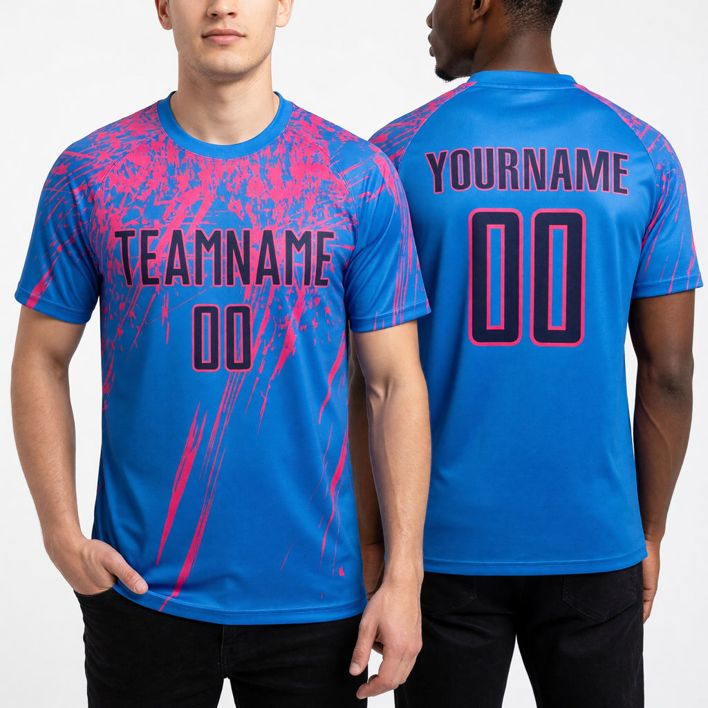 Custom Powder Blue Navy-Pink Sublimation Soccer Uniform Jersey worn front and back