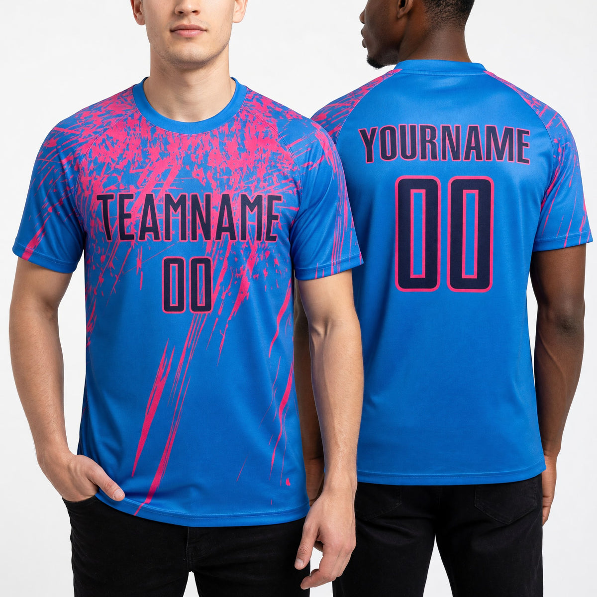 Custom Powder Blue Navy-Pink Sublimation Soccer Uniform Jersey worn front and back