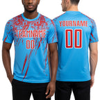 Custom Sky Blue Red-White Sublimation Soccer Uniform Jersey worn front and back