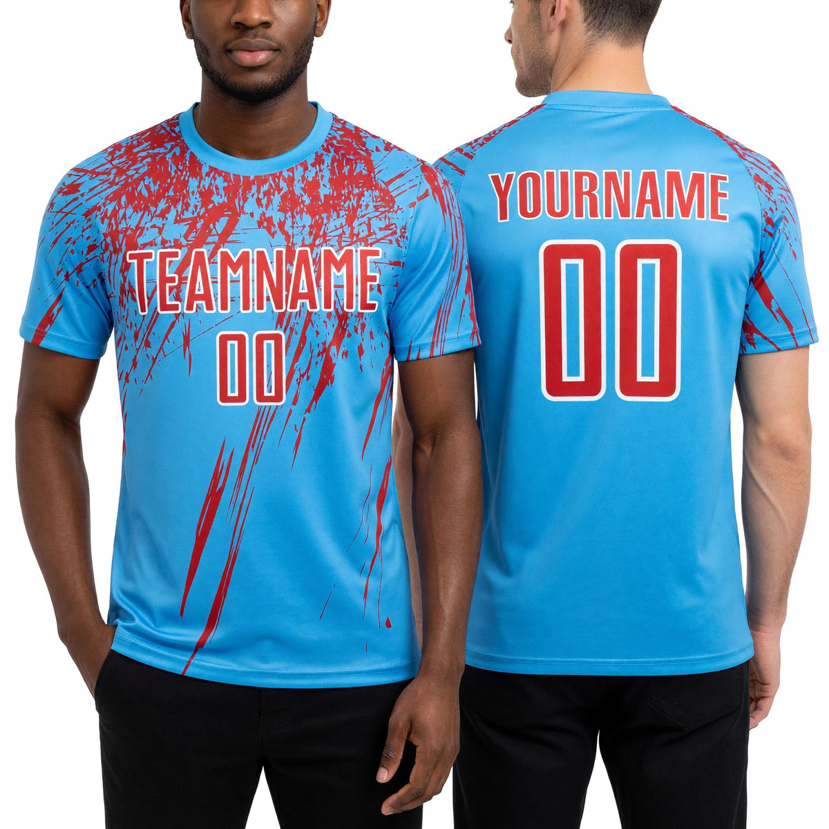 Custom Sky Blue Red-White Sublimation Soccer Uniform Jersey worn front and back
