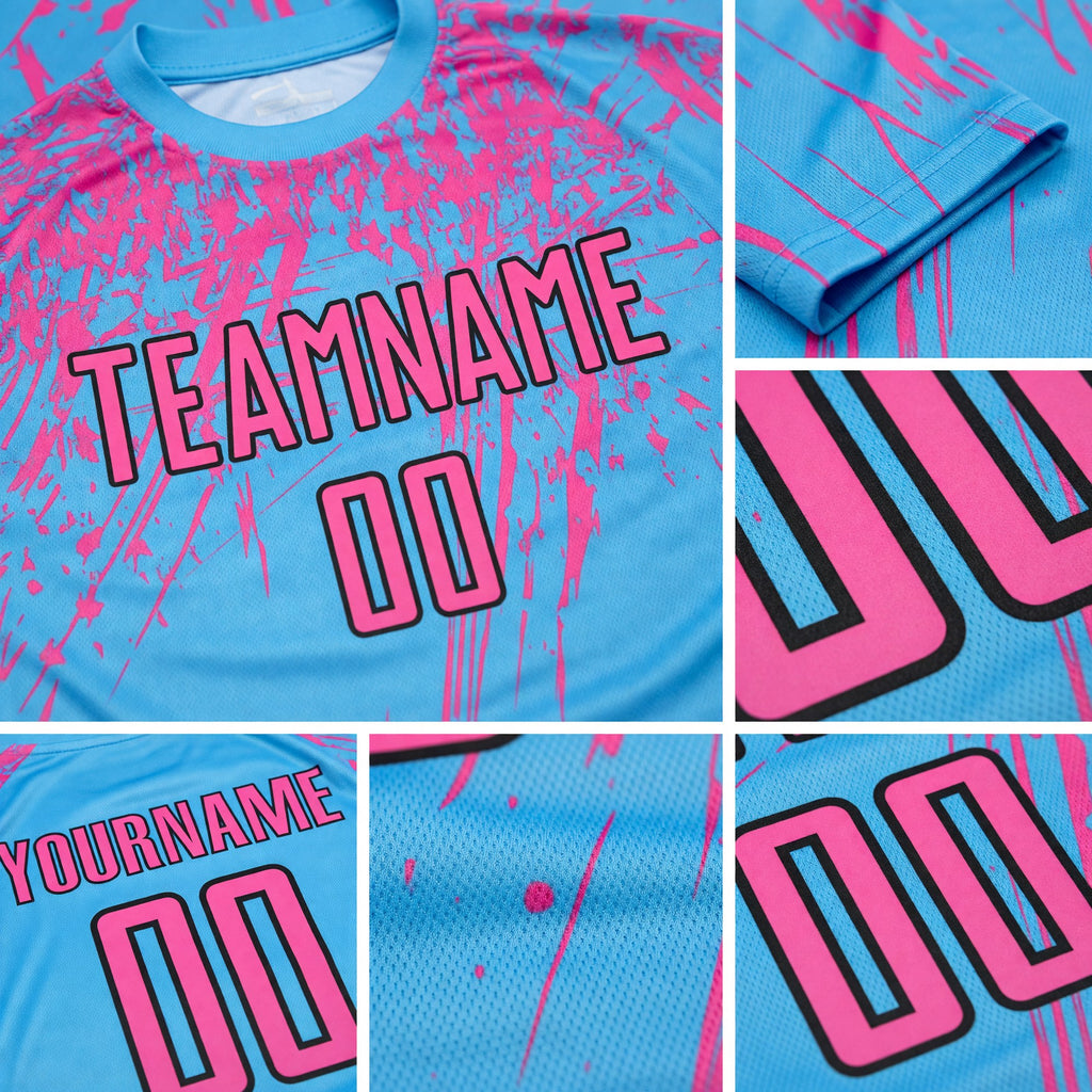 Custom Sky Blue Pink-Black Sublimation Soccer Uniform Jersey detail
