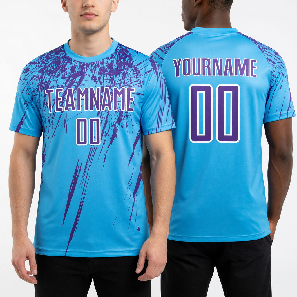Custom Sky Blue Purple-White Sublimation Soccer Uniform Jersey worn front and back