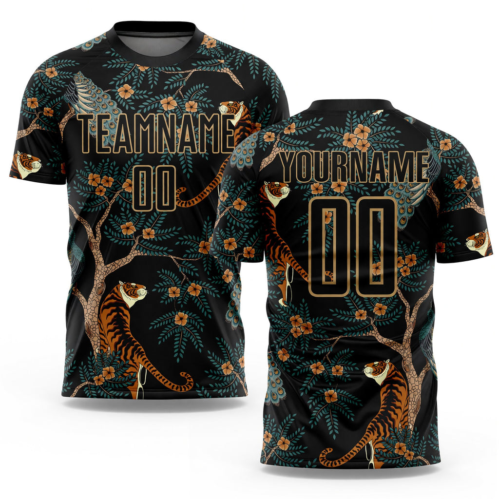 Custom Black Old Gold Tiger And Peacock Sublimation Soccer Uniform Jersey