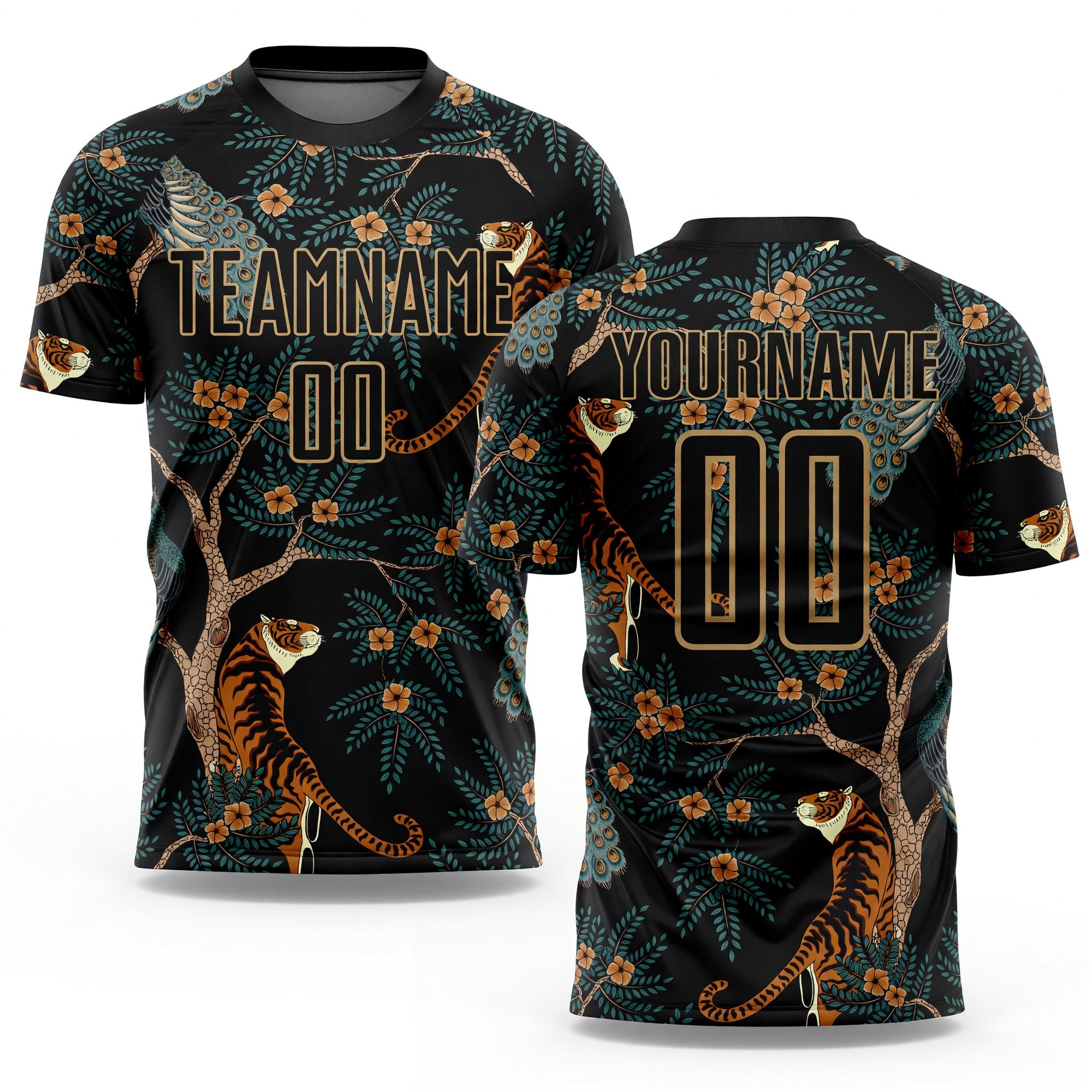 Custom Black Old Gold Tiger And Peacock Sublimation Soccer Uniform Jersey