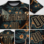 Custom Black Old Gold Tiger And Peacock Sublimation Soccer Uniform Jersey detail