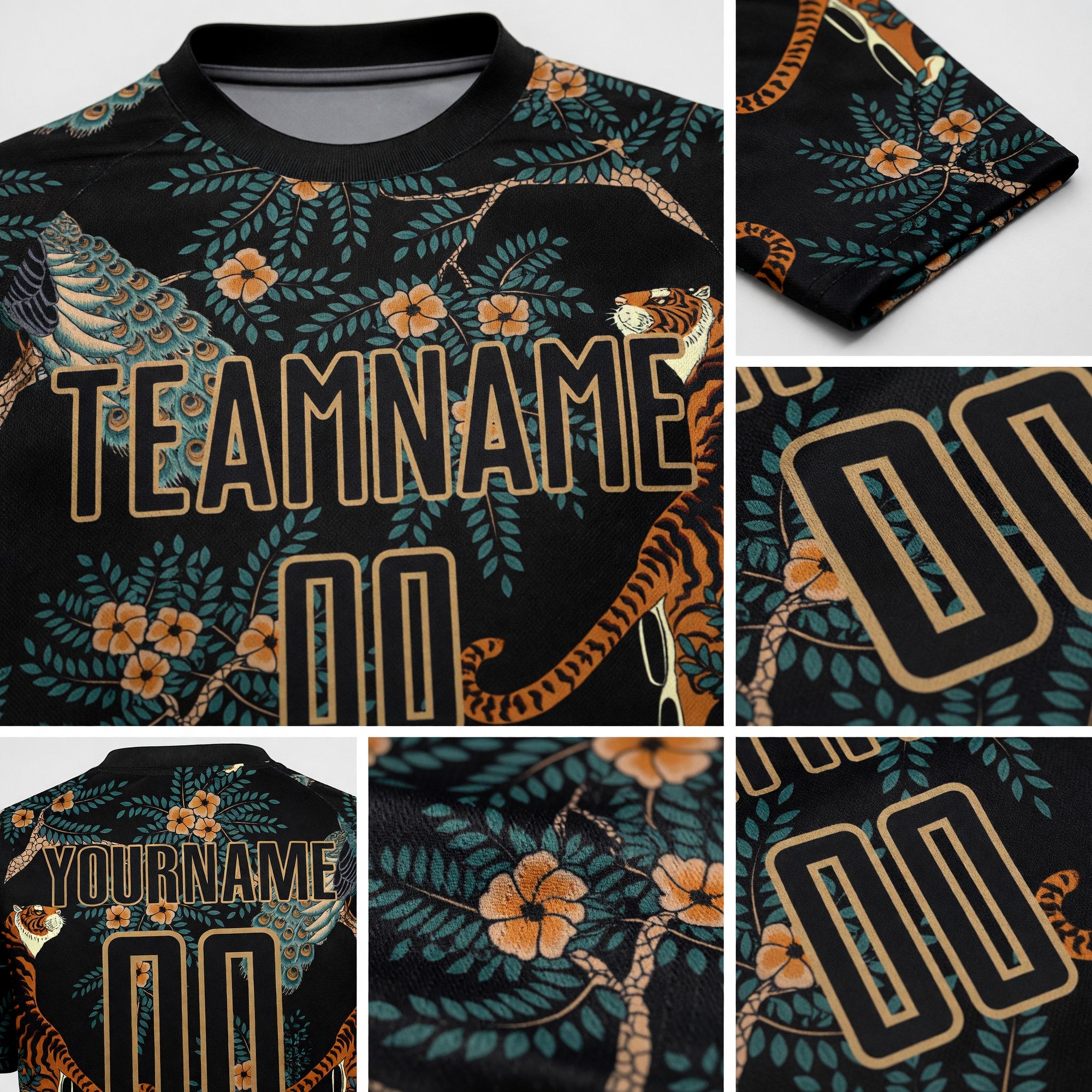 Custom Black Old Gold Tiger And Peacock Sublimation Soccer Uniform Jersey detail