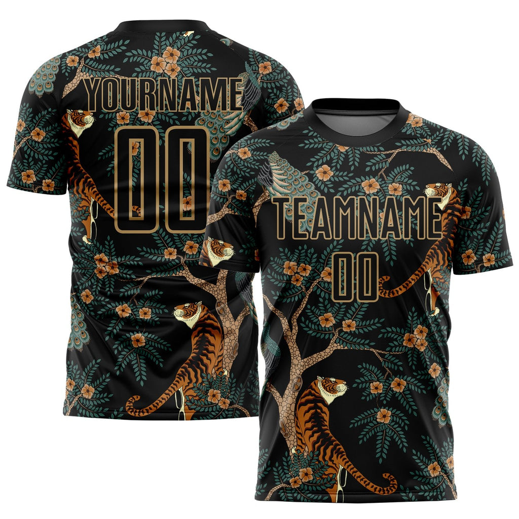 Custom Black Old Gold Tiger And Peacock Sublimation Soccer Uniform Jersey photo 1
