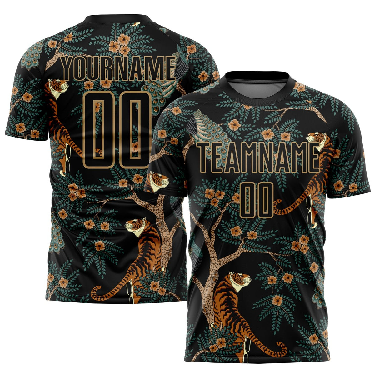Custom Black Old Gold Tiger And Peacock Sublimation Soccer Uniform Jersey photo 1