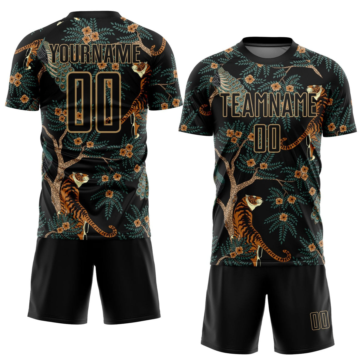 Custom Black Old Gold Tiger And Peacock Sublimation Soccer Uniform Jersey photo 2