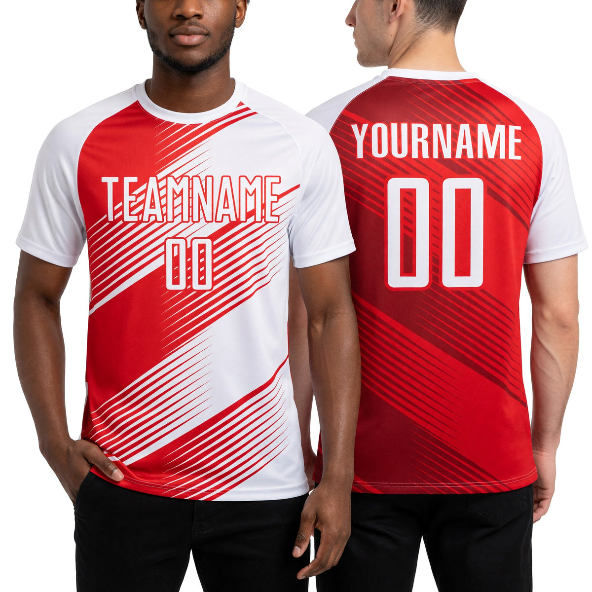 Custom Red White Sublimation Soccer Uniform Jersey worn front and back