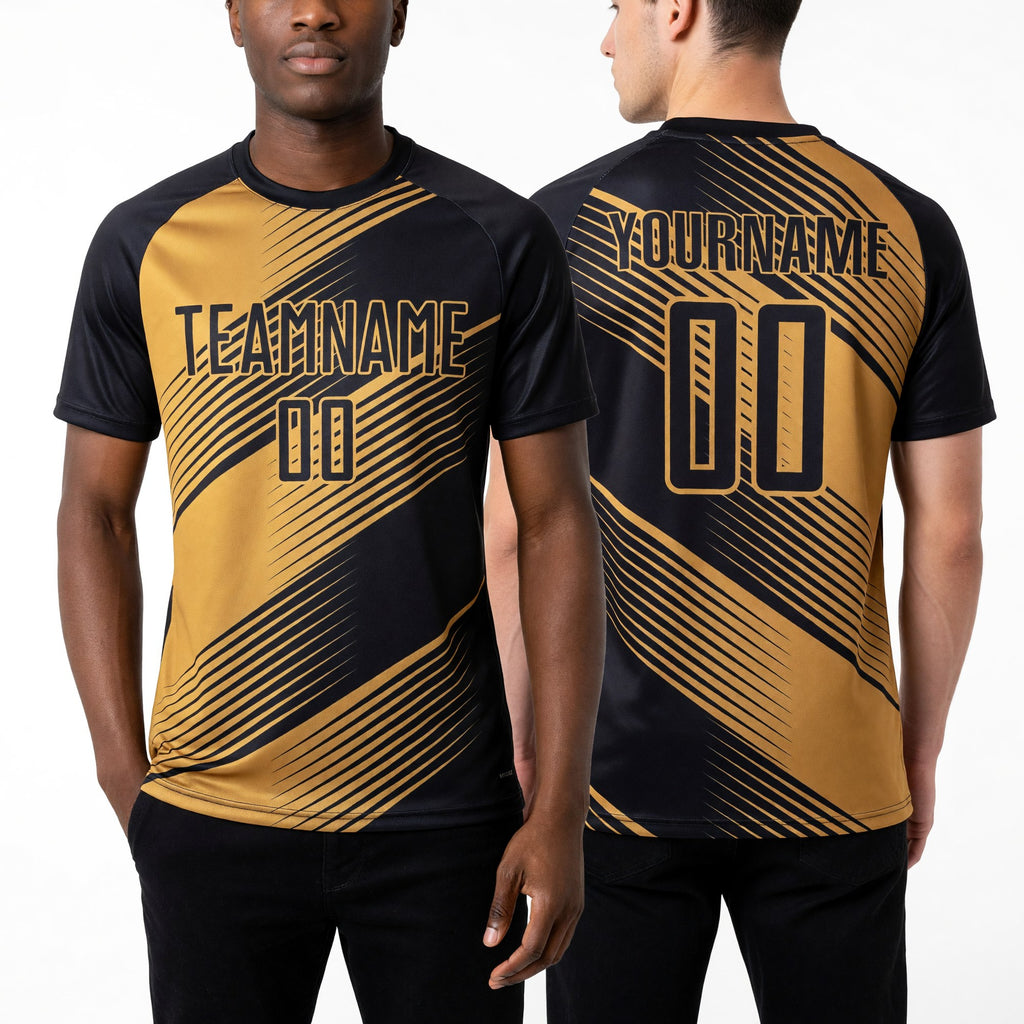 Custom Old Gold Black Sublimation Soccer Uniform Jersey worn front and back