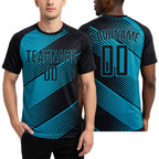 Custom Teal Black Sublimation Soccer Uniform Jersey worn front and back
