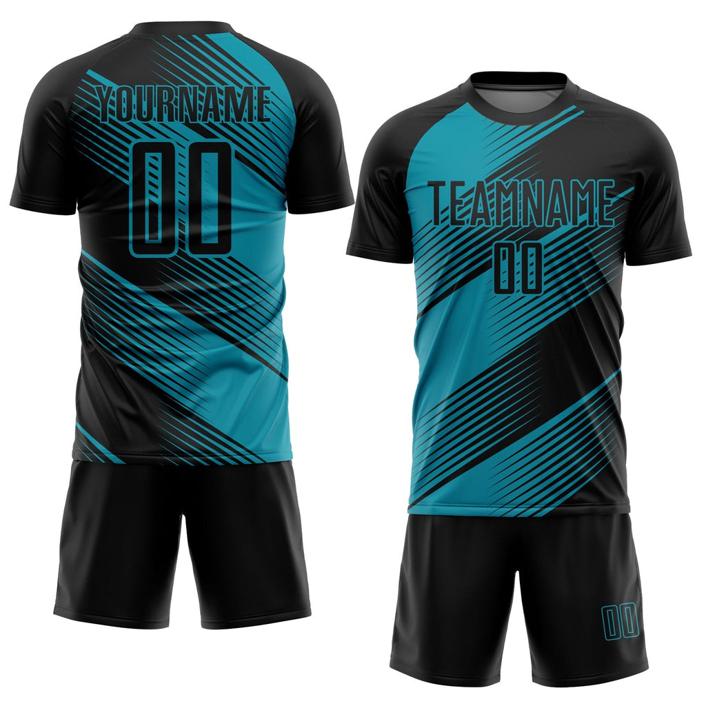 Custom Teal Black Sublimation Soccer Uniform Jersey photo 2