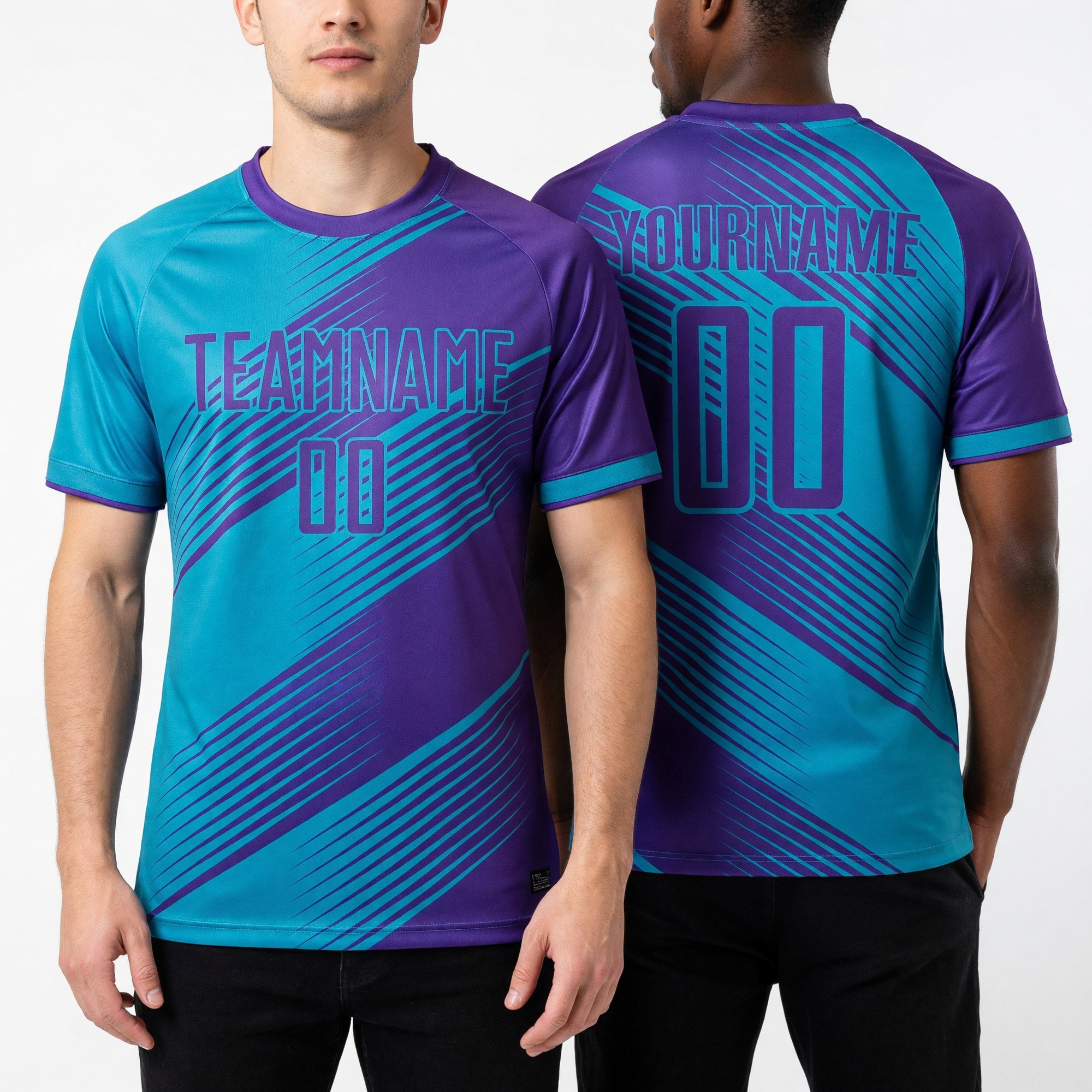 Custom Teal Purple Sublimation Soccer Uniform Jersey worn front and back