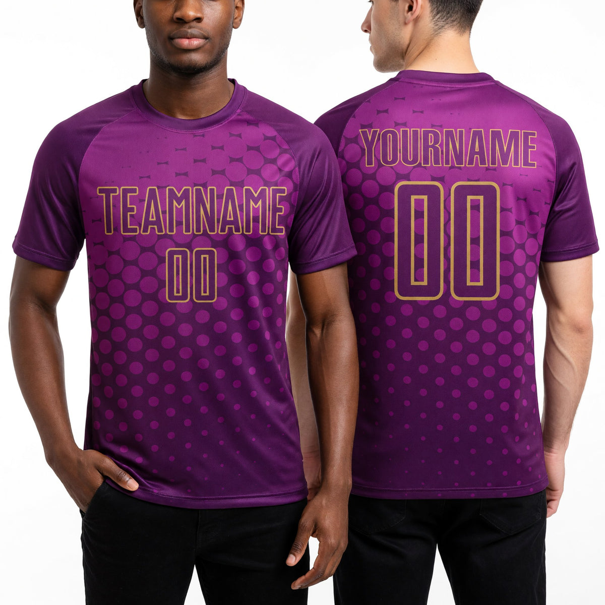 Custom Deep Pink Purple-Old Gold Sublimation Soccer Uniform Jersey worn front and back