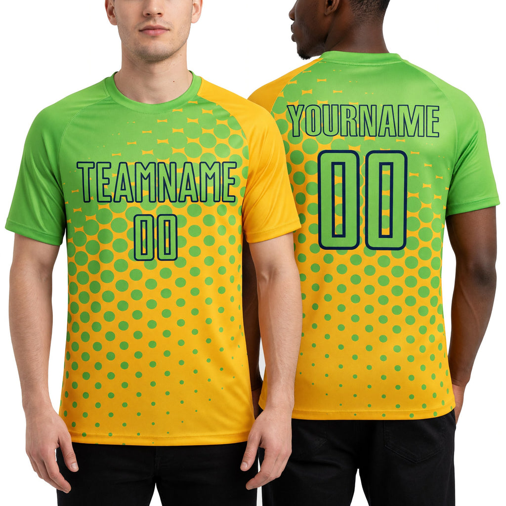 Custom Gold Neon Green-Navy Sublimation Soccer Uniform Jersey worn front and back