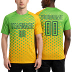 Custom Gold Neon Green-Navy Sublimation Soccer Uniform Jersey worn front and back