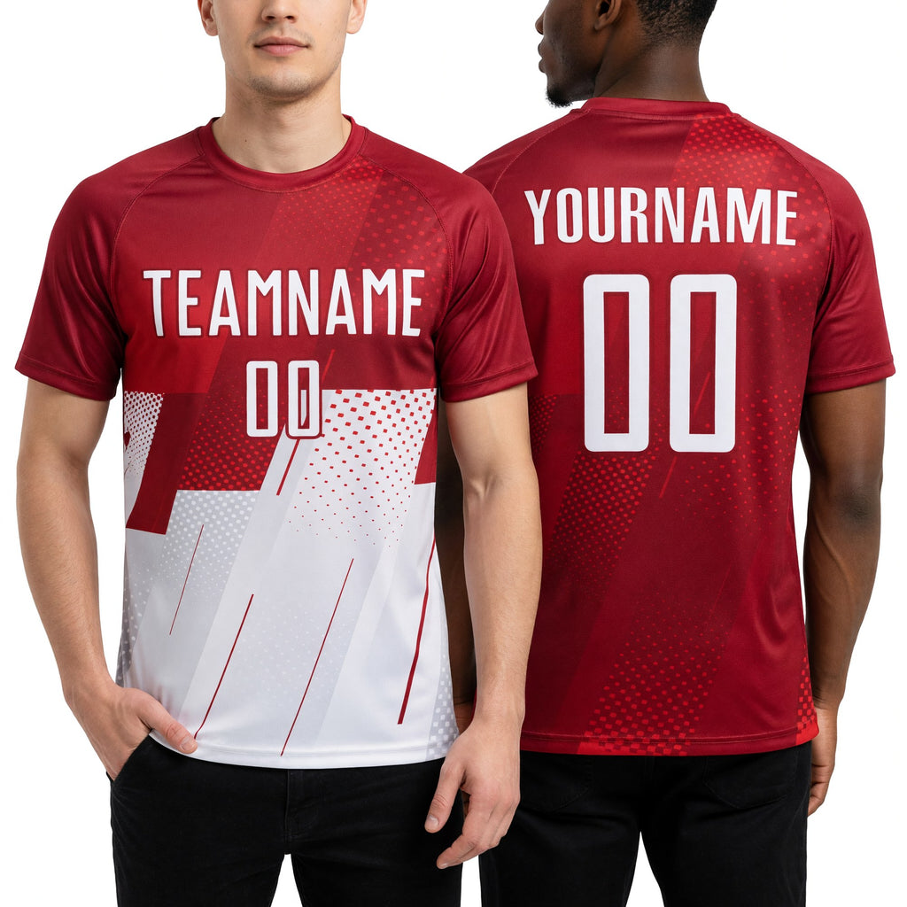 Custom Red White Sublimation Soccer Uniform Jersey worn front and back