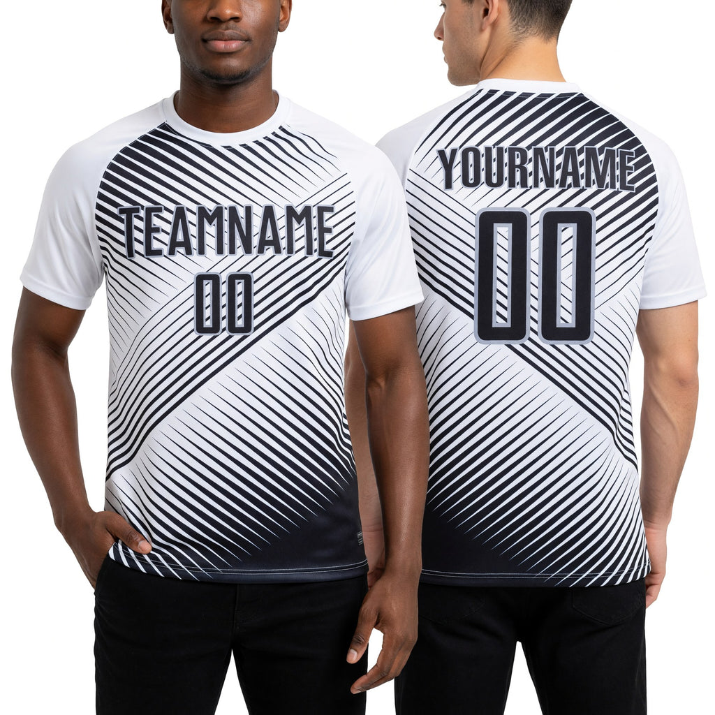 Custom White Black-Gray Sublimation Soccer Uniform Jersey worn front and back