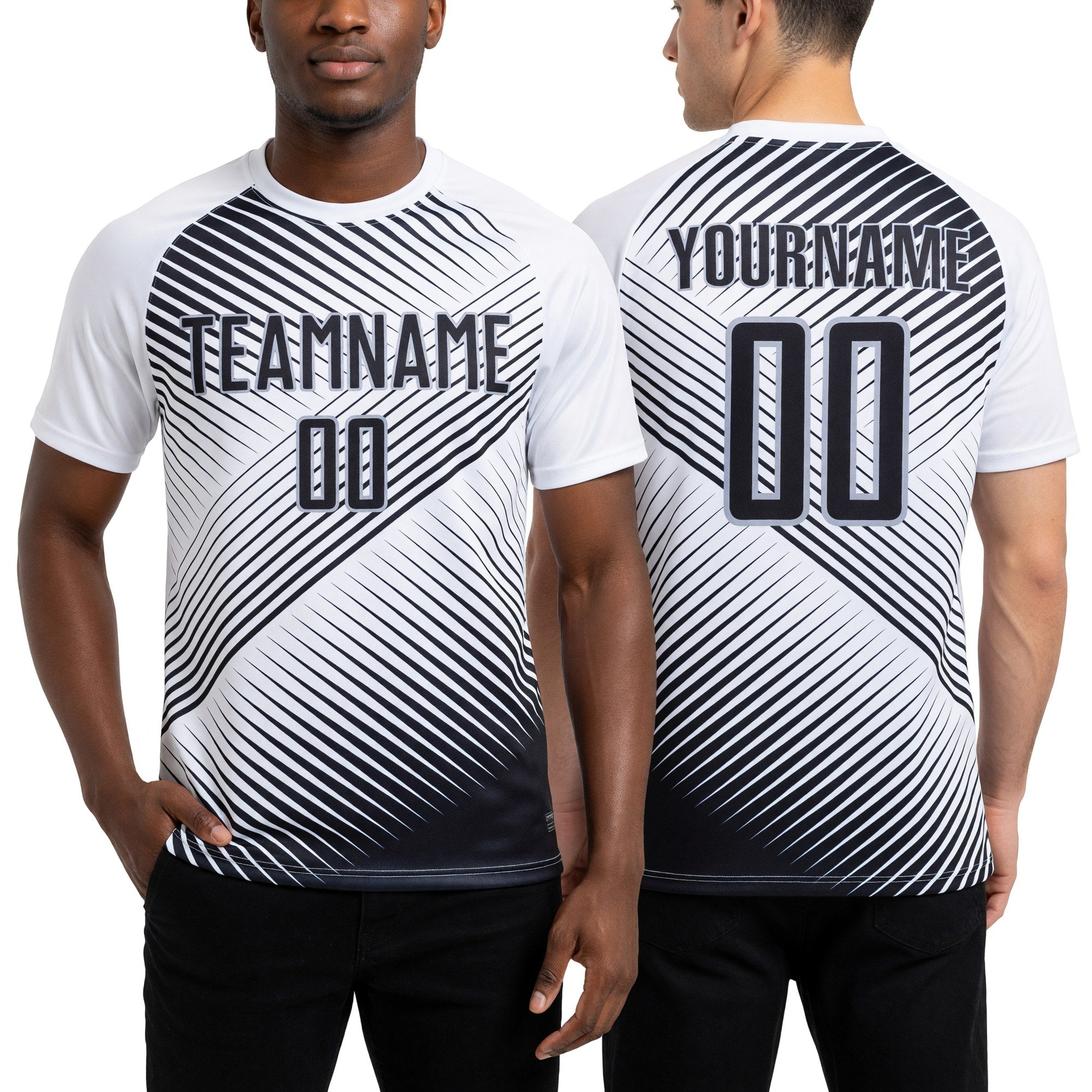 Custom White Black-Gray Sublimation Soccer Uniform Jersey worn front and back