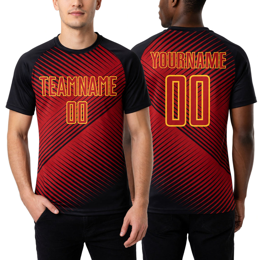 Custom Red Black-Yellow Sublimation Soccer Uniform Jersey worn front and back